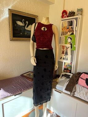 Black Embroidered Midi Skirt - Women's Elegant Floral Design